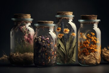  a group of glass jars filled with different types of plants and flowers in them on a black surface with a rope on the top of the jars.  generative ai - obrazy, fototapety, plakaty