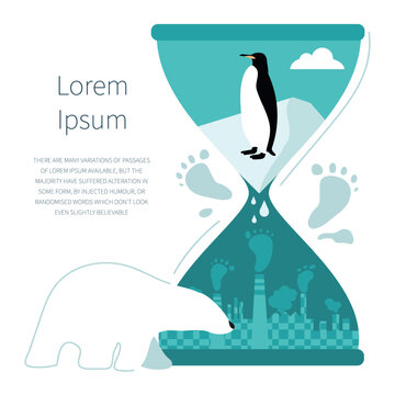 Hourglass with polar bear, penguin and urban city emissions co2. The glacier melt, climate change. STOP GLOBAL WARMING.  Vector illustration  with carbon footprint.