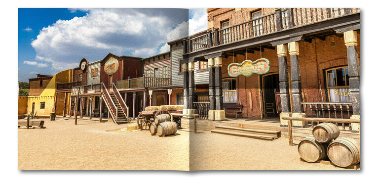 Creative picture of Wild West village with old buildings and saloon.