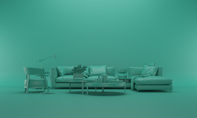 Interior room in plain monochrome green color with furnitures and room accessories. Light background with copy space. 3D rendering for web page, presentation or picture frame backgrounds.