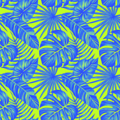 Fototapeta na wymiar Tropical leaf seamless pattern. Colorful vivid print with beautiful palm jungle leaves. Repeated luxury design for packaging, cosmetic, fashion, textile, wallpaper. Realistic high quality illustration