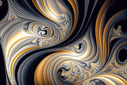 Iridescent abstract background, with gold and silver swirls over black, illustration, generative AI