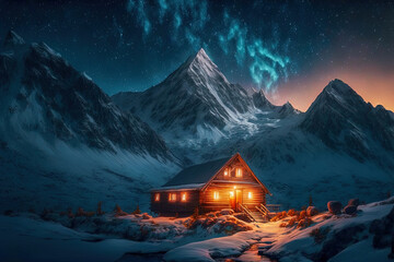 Nepal landscape with Beautiful northern light, Generative AI