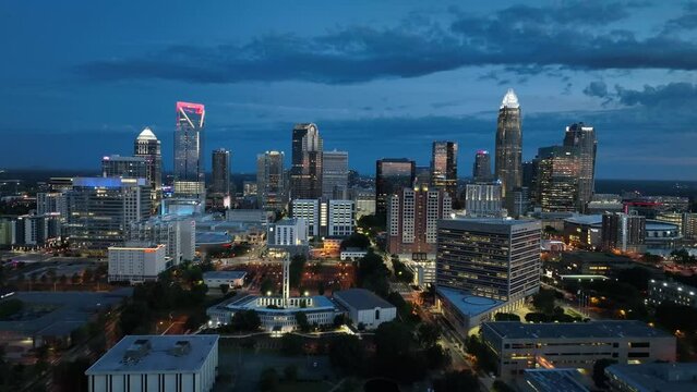 Drone shot of Charlotte skyline in morning