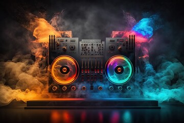 Abstract Modern DJ mixer on the table, cyberpunk colored light and smokes around,Generative ai