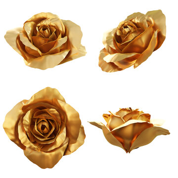 Set of golden rose flower buds 3d render isolated
