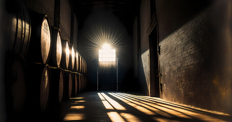 Italy Storage cellar with barrels making wine or whisky bottles with sunlight. Generation AI