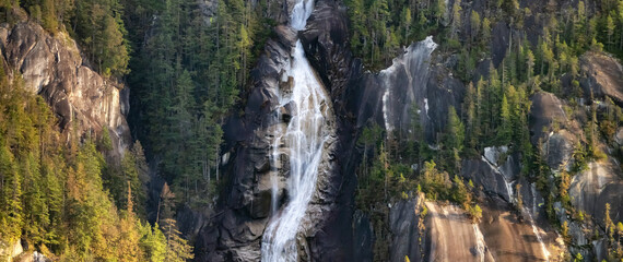 Shannon Falls in Squamish, BC, Canada. Canadian Nature Background. Sunny winter Sunset