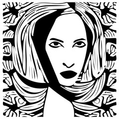 Black and white graphic sketch portrait of a beautiful woman