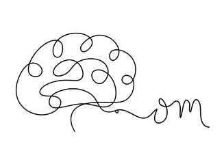 Sign of OM with brain as line drawing on the white background
