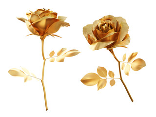 Golden rose flower 3d render isolated on transparent background, png