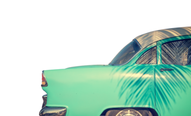 Blue classic car with the shadow of a palm tree isolated on transparent background