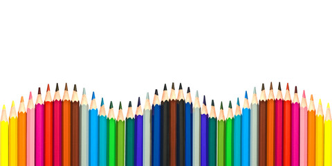 Wave of colorful wooden pencils isolated on panoramic transparent background. Back to school and arts concept web banner, png file - obrazy, fototapety, plakaty