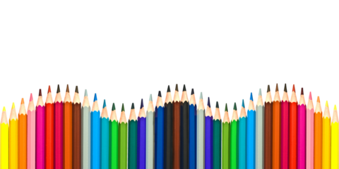 Wave of colorful wooden pencils in a row isolated on panoramic transparent background. Back to school and arts concept web banner, png file
