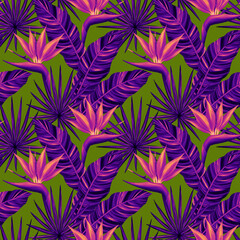 Tropical seamless pattern. Colorful vivid print with beautiful palm jungle leaves and strelitzia flowes. Repeated luxury design for packaging, cosmetic, fashion, textile, wallpaper.