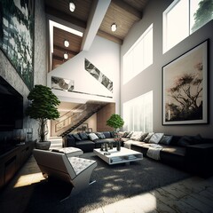 Fototapeta na wymiar Modern living room where the whole family feels good, interior
