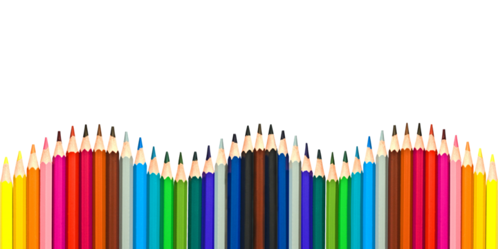 Wave of colorful wooden pencils in a row isolated on panoramic transparent background. Back to school and arts concept web banner, png file
