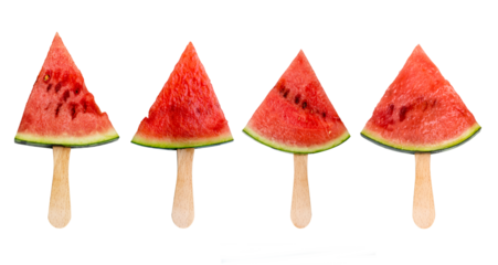 Photo of four watermelon popsicles slices on sticks isolated on white or transparent background. Summer fruit, healthy food concept