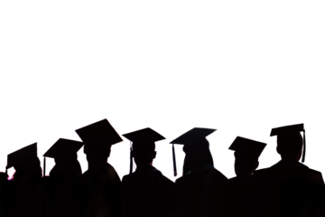 Silhouettes of a row on graduating students with graduate hats isolated on transparent background, class of 2024, png file
