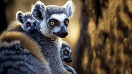 A young ring-tailed lemur rides on Mom’s back.  animal wildlife, digital ai art - obrazy, fototapety, plakaty