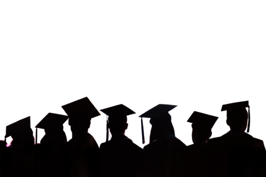Silhouettes of a row on graduating students with graduate hats isolated on transparent background, class of 2024, png file - Powered by Adobe
