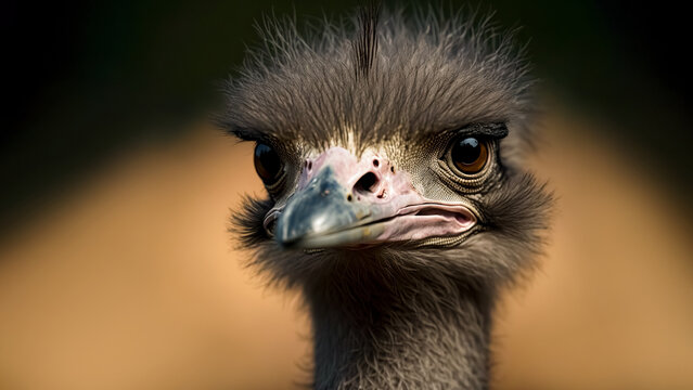Ostrich bird head and neck front portrait in the park, animal wildlife, digital ai art
