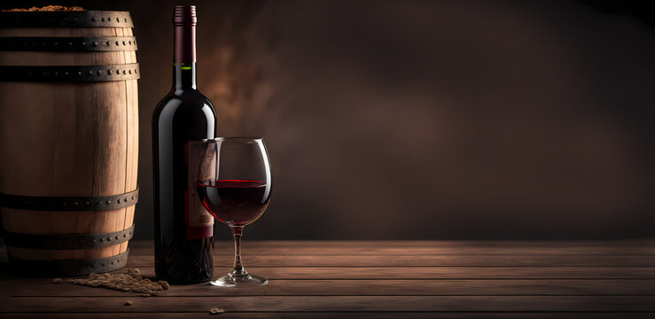 Red wine Bottles and Glasses with barrel on wood background with copy space Banner