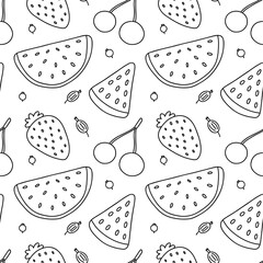 Outline seamless pattern watermelon, cherry, strawberry, gooseberry, currant. Doodle wallpaper print. Fruits illustration for fabric, kitchen decor, menu, packaging.