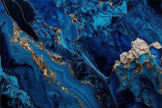 Blue marble and gold abstract background texture. Indigo ocean blue marbling with natural luxury style swirls of marble and gold powder. Generative AI