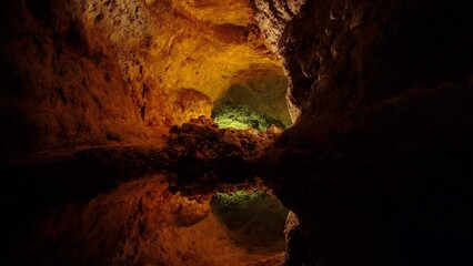Europe, Spain, Lanzarote, Canary Islands 2023 - Cueva de los Verdes ( Cave of the Greens ) is a lava tube and tourist attraction of the Haria municipality,  tourist attraction  in biosfere reserve