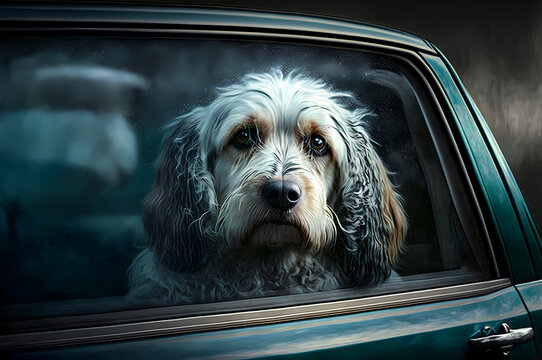 Alone Dog locked in hot car. Danger Health threat of animal, Help of pet overheating or hypothermia. Generation AI