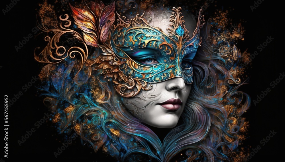 Wall mural woman in carnival mask, mardi gras celebration illustration generative ai