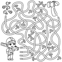 Puzzle for children. Labyrinth. Coloring the outline of the road along which you need to lead the builder to the hammer. Coloring book for children.