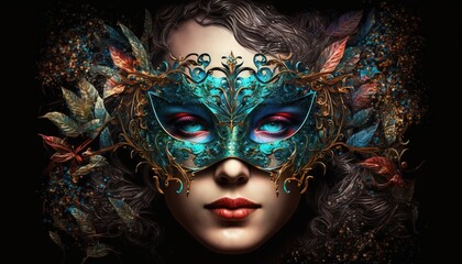 Woman in Carnival Mask, Mardi Gras celebration illustration generative ai