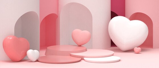 Valentine's Day sells banners and product platforms with big heart balloons with elements of love on red door and wall background. Wedding, Happy Anniversary, copy space, Banner, greeting-3d Rendering