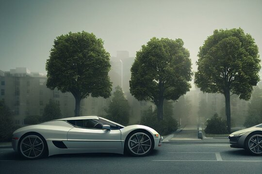 Some Cars Parked On The Side Of A Street In Front Of A Multi - Family Apartment Building With Trees And Bushes. Generative AI