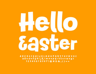Vector stylish card Hello Easter. Funny handwritten Font. Creative Alphabet Letters and Numbers set