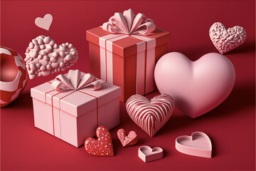hearts and gifts on a pink unicolor background