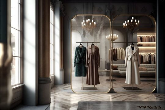 Fashionable clothes in a boutique store, Fashion luxury elegance clothes in the shop, generative ai, clothes in shopping mall

