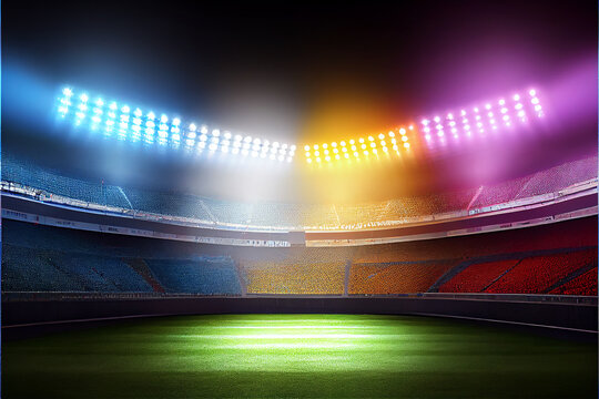 Huge empty stadium, illuminated by spotlights, perfect for backgrounds, generative AI