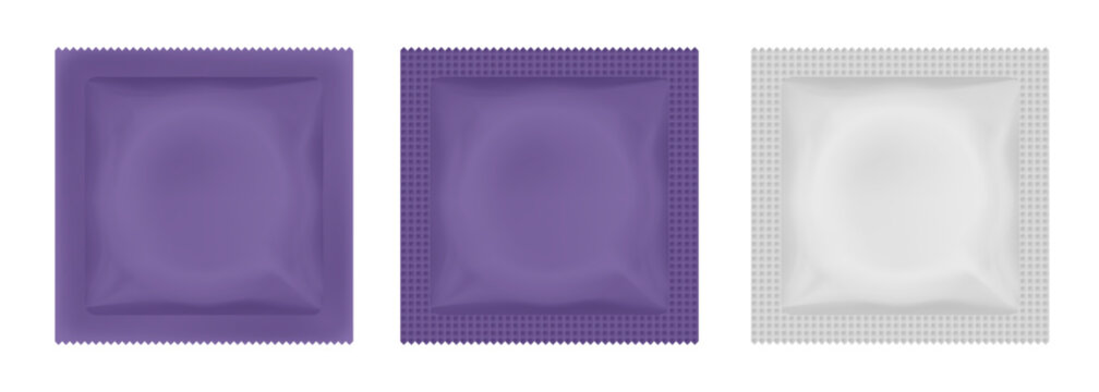 Purple condom packaging mockup. Contraception method, safe love. Foil pouch
