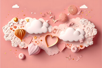 Happy Valentines day, horizontal banner with paper cut clouds and holiday objects on pink background. Glittering hearts, stars and flowers made with Generative AI technology