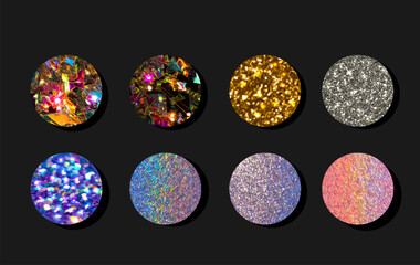 Set of round highlights or story covers with golden, silver, blue, gem glitter.