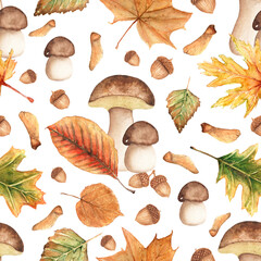 Watercolor autumn nature seamless pattern. Hand drawn texture with red, yellow and orange tree leaves, acorn and mushrooms on white background. Beautiful season wallpaper with fungi.
