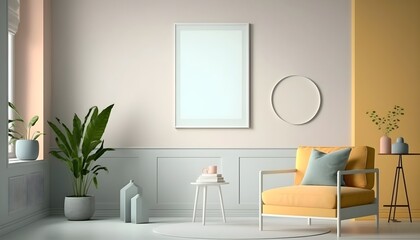 Obraz premium Minimalist Wall Art mockup, generative ai, interior room with sofa and furniture, empty poster frame template