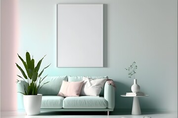 Obraz na płótnie Canvas Minimalist Wall Art mockup, generative ai, interior room with sofa and furniture, empty poster frame template