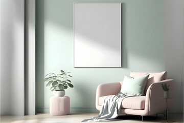 Minimalist Wall Art mockup, generative ai, interior room with sofa and furniture, empty poster frame template