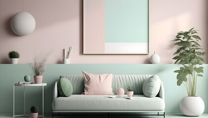 Minimalist Wall Art mockup, generative ai, interior room with sofa and furniture, empty poster frame template