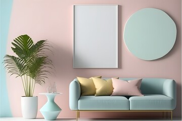 Minimalist Wall Art mockup, generative ai, interior room with sofa and furniture, empty poster frame template