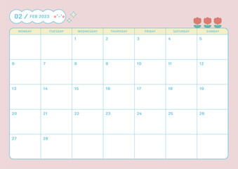 February 2023 simple design digital and printable calendar template illustration. Notes, scheduler, diary, calendar, memo, planner document template background. 